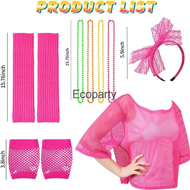 New 1980s Prom Costume Retro Women Retro Neon Mesh T-Shirt Gloves Headband Necklace Set Fancy 80s Party Dress Up Accessories