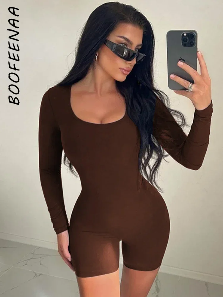 

BOOFEENAA One Pieces Rompers Long Sleeve Bodycon Baddie Jumpsuit Fall Winter Clothes for Women Outfit Active Wear C70-BB21