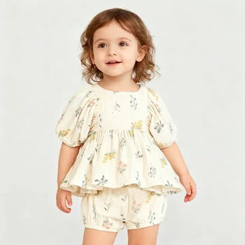 Cute Organic Cotton Clothes Suits for Newborn Spring Summer Printed Long Sleeve Top + Shorts Toddler Girl Outfits