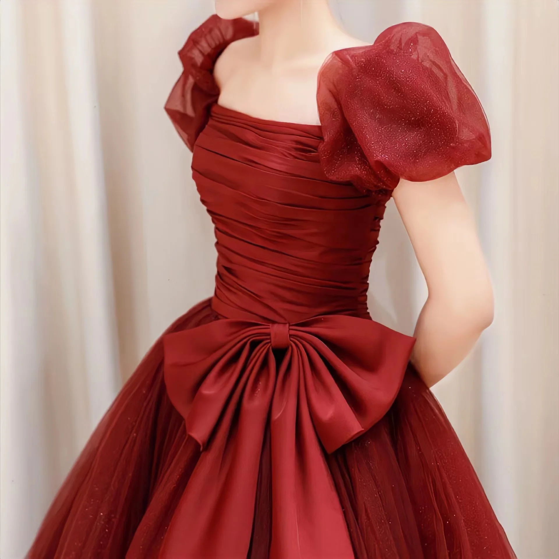 

Романтическое вечернее платье бордового цвета с пышными рукавами и квадратным вырезом, ТРАПЕЦИЕВИДНОЕ Тюлевое платье с бантом на шнуровке,...