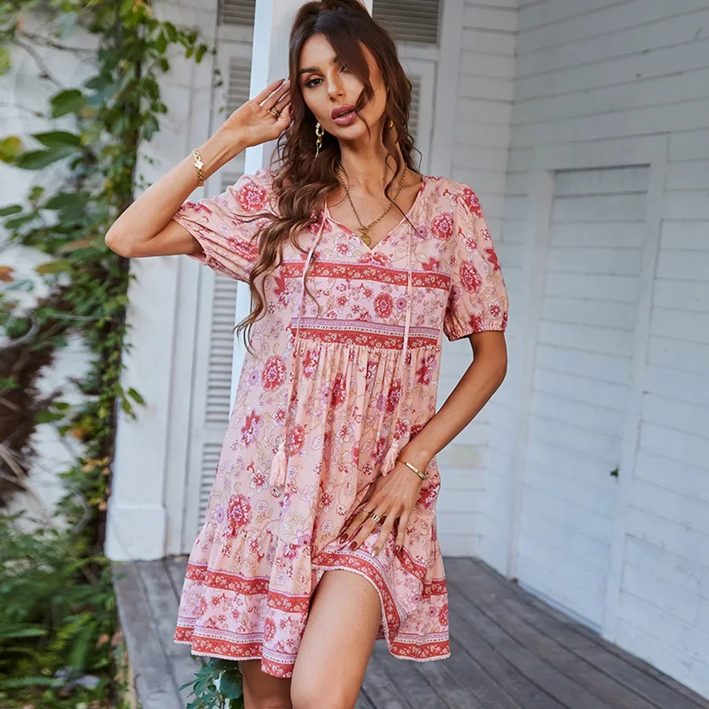 

YEAE V-neck Printed Skirt Bohemian Casual Vacation Style Dresses Small Fresh Short Dresses Crushed Flower A-lineDresses Commuter
