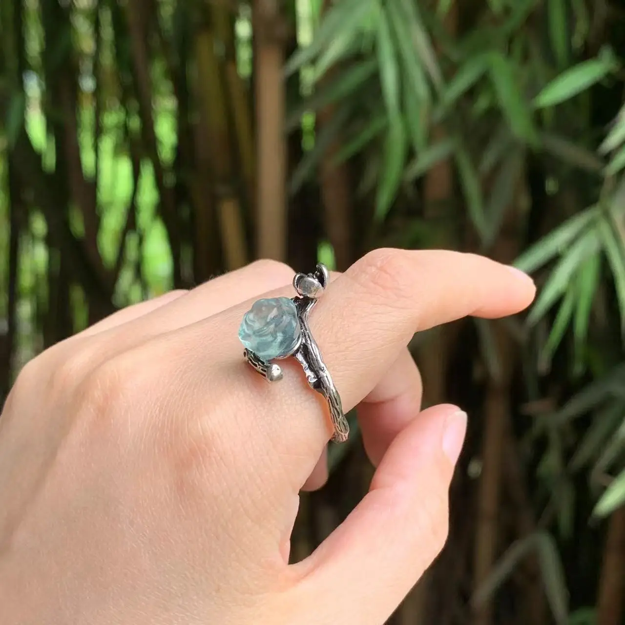 Natural Fluorite Flower Ring Female Jewelry for Women Gift Colorful Stone Crystal Cute Unique