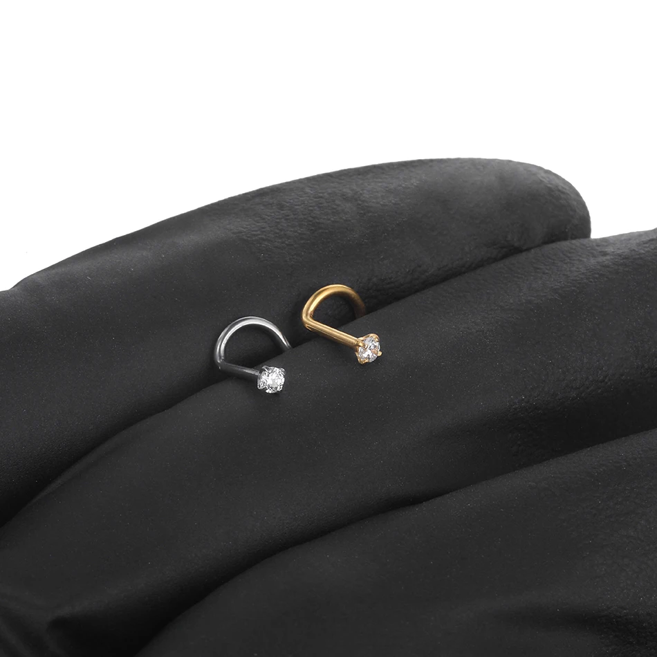 1PC G23 티타늄 라운드 CZ 크리스탈 코 스터드 링 20G 프롱 코 리테이너 S 모양 콧 구멍 Nariz 스크류 피어싱 쥬얼리 1.5-3mm