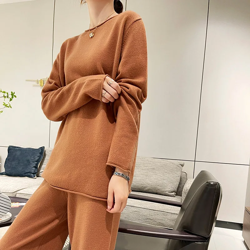 SZDYQH 100% Merino Wool Suit Autumn/Winter New Fashion Two-Piece Set Women's Round Neck Pullover Casual High Waisted Pants Suit 6