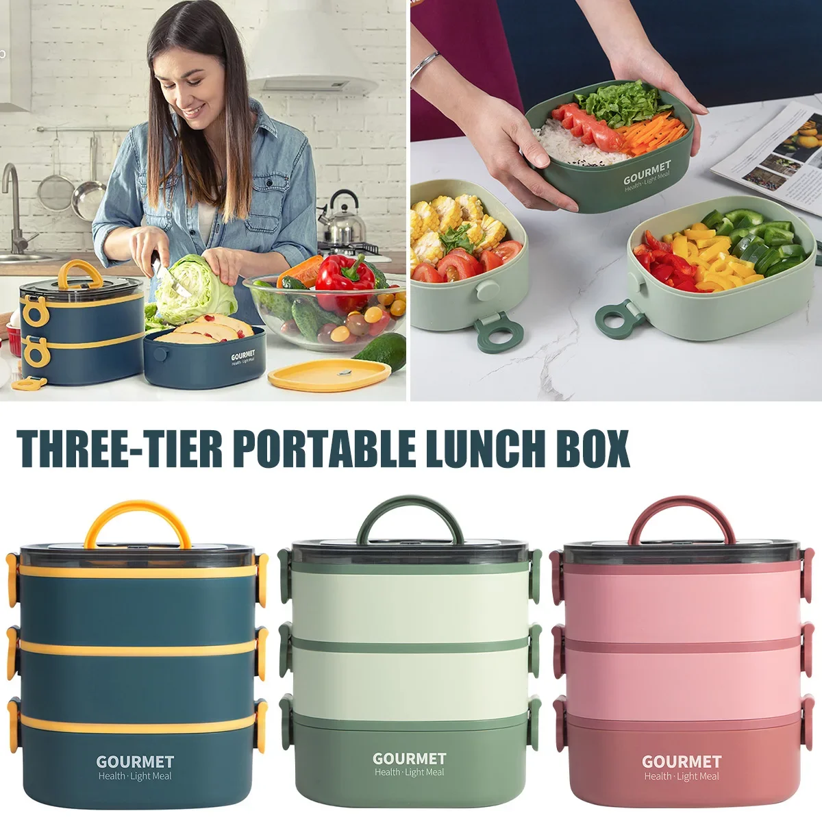 2000ML 3-Tier Lunch Box Stackable Bento Case Sealed Leak-proof Meal Box Microwave Safe Portable Students Workers Food Container