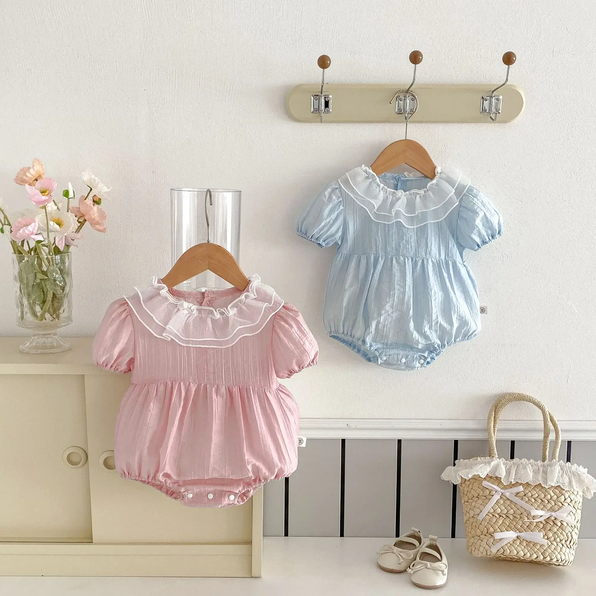 Sweet Baby Girl Summer Romper Ruffle Collar Bubble Sleeve Full Month One Year Old Clothes Cotton Crawling Suit Baby Gear