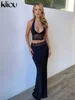 kliou Lace Patchwork Women 2 Piece Set Halter Fashion Backless Sheer V-neck Tanks+Trim Matching Long Skirts Mujer Elegant Suits 3
