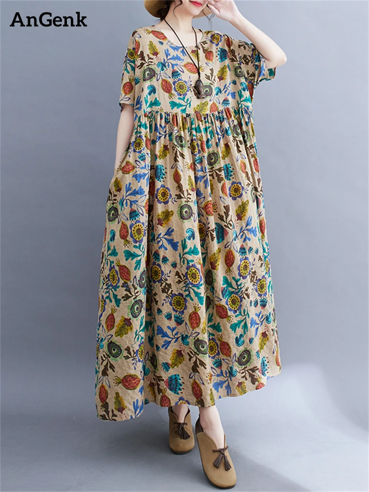 

Cotton Vintage Print Short Sleeve Spring Summer Dresses For Women 2023 New Casual Loose Long Elegant Dress Beach Femme Clothing