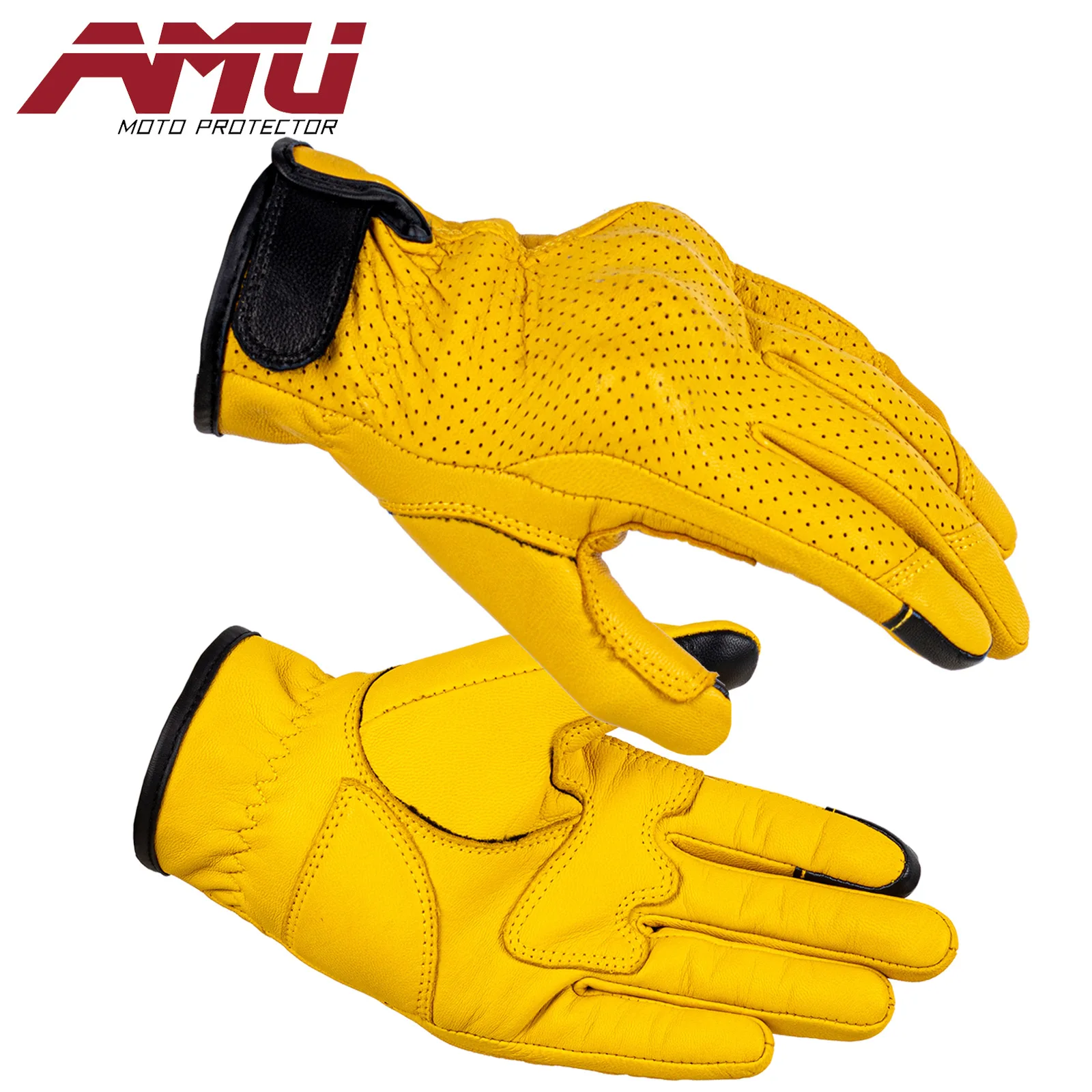 

2023 Motorcycle Gloves Retro Leather Men's Wear-resistant Women's Motocross Gloves Yellow Black Biker Gloves Perforated