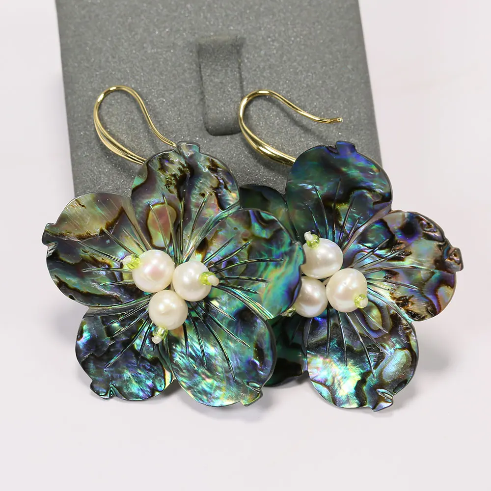 GG Natural White Pearl Rainbow Color Abalone Shell Flower Hook Earrings Simple Gifts For Women