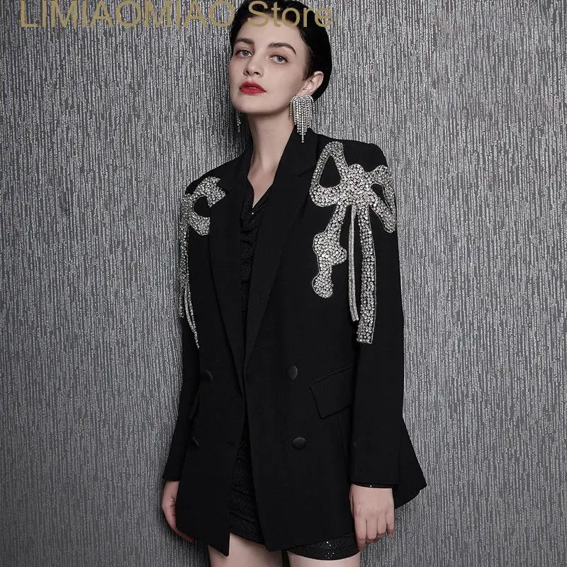New Fashion Women's Black Blazer Notched Collar Long Sleeve Luxury Handmade Butterfly Crystal Beading Blazers Lady Jacket