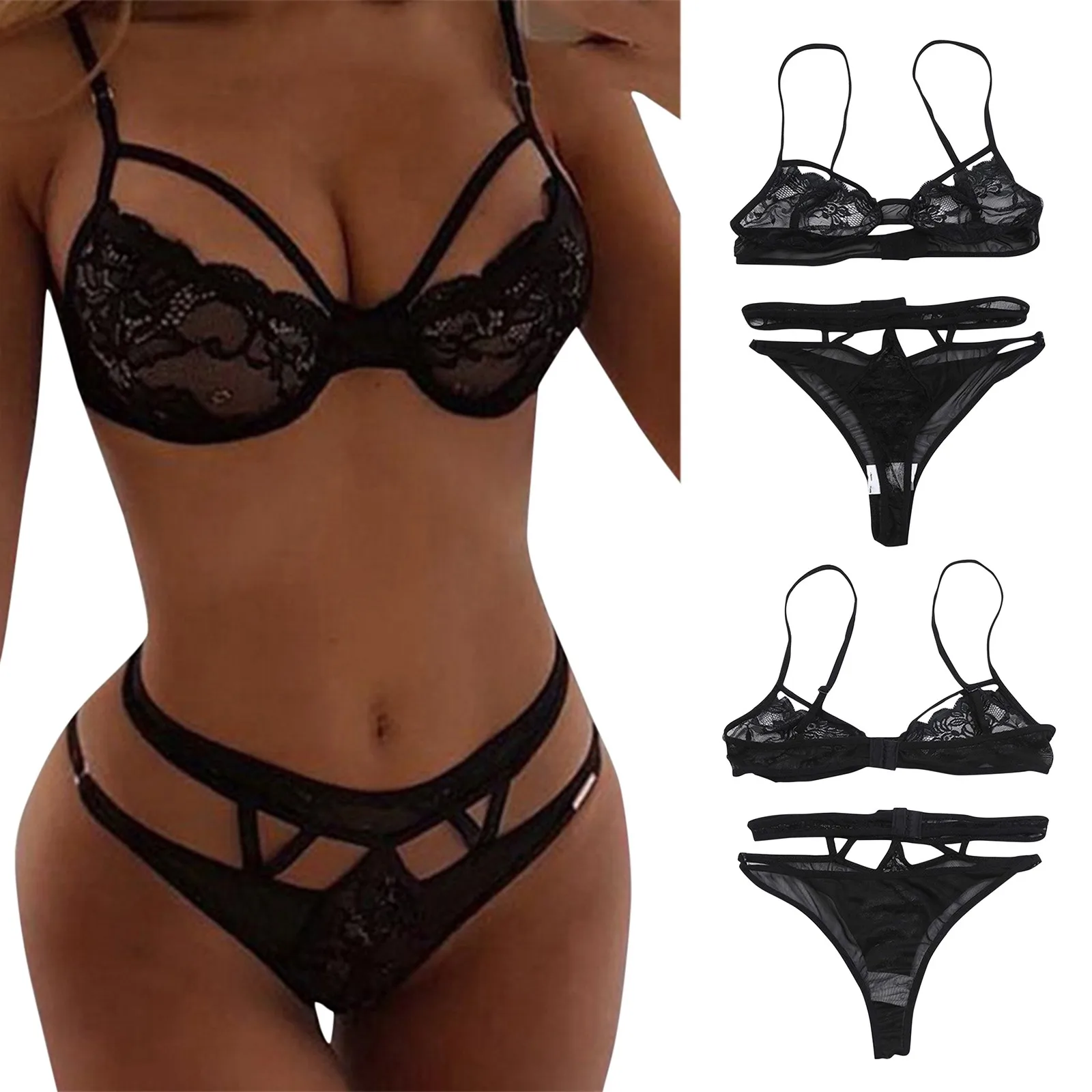 Womens Bodysuit Lingerie Three-point Underwear Bikini Hollow Out Set