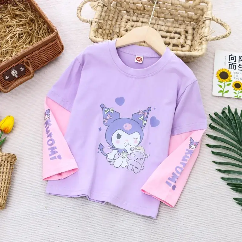 Sanrio Kuromi Children's Long Sleeve T-shirt Pure Cotton Girl Thin Tops Fake Two-piece Base Shirt Spring and Autumn Outfit 2