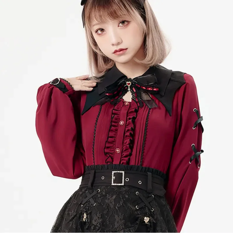 Gothic Y2k Lolita Shirt Japanese Harajuku Women Girls Sweet Lace Ruffles Bow Long leeve Bat Collar Blouses Punk Clothes Tops