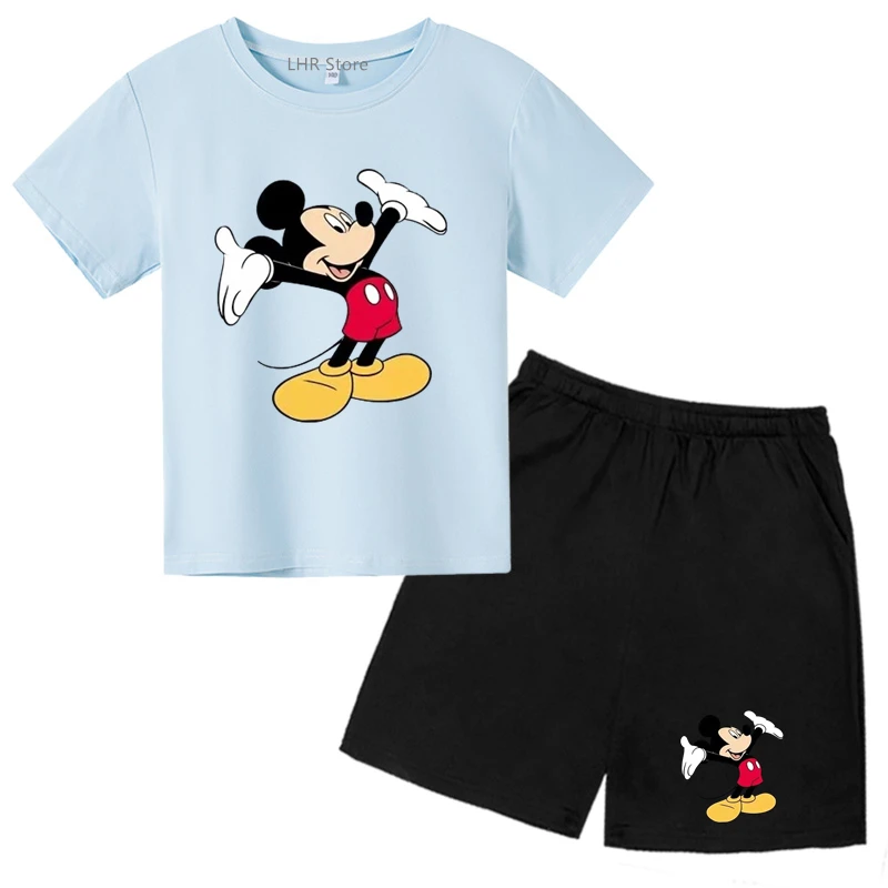 Summer Children Teenager Mickey Mouse Round Neck T-shirts+ Shorts Sets Suitability 2-12 Years Boys Girl Casual Short Sleeve