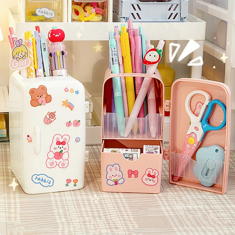 HIQUAY Kawaii Refrigerator Cute Pen Holder Pencil Cup, Multifunctional Container Huge Capability Stationery with A Drawer Organizer Home School