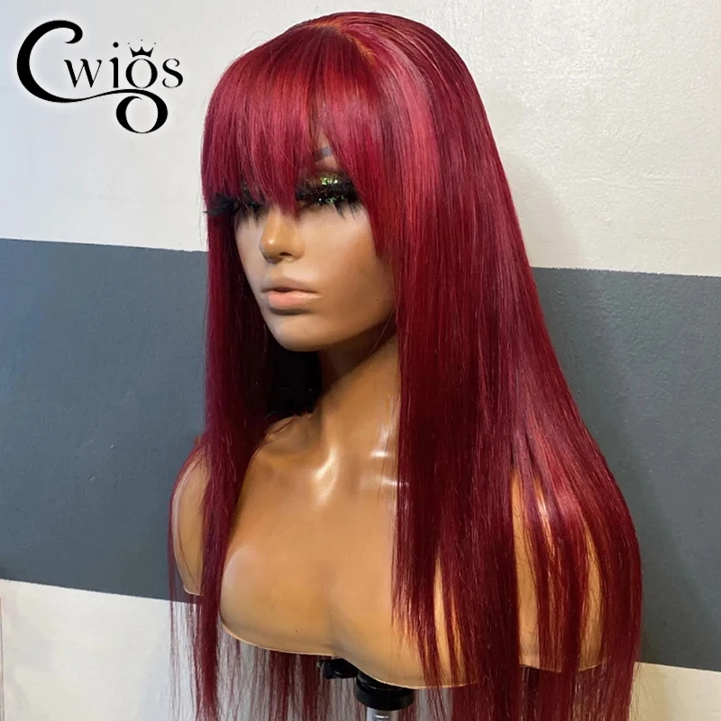 

Straight 30Inch Red 99J Burgundy Color Full Machine Made Heat Resistant Fiber Synthetic Wigs With Bangs Drag Queen Cosplay Women