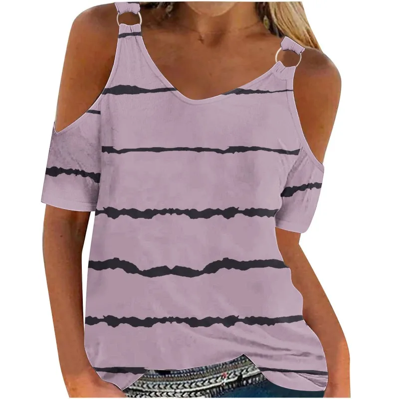 

Women's 2024 Summer New Patchwork O-Neck Stripe Iron Ring Printing Fashion Comfortable Loose Casual Short Sleeved T-shirt Tops
