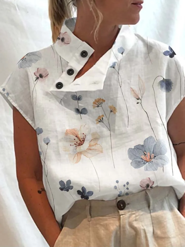 Leisure Summer Blouse Women Tops Vintage Floral Print Short Sleeve White Blouses Casual Buttons Slit Stand Neck Top Blusas custom made slim groom tuxedos beige two buttons side slit best man suit wedding groomsman men suits bridegroom best man suitswe