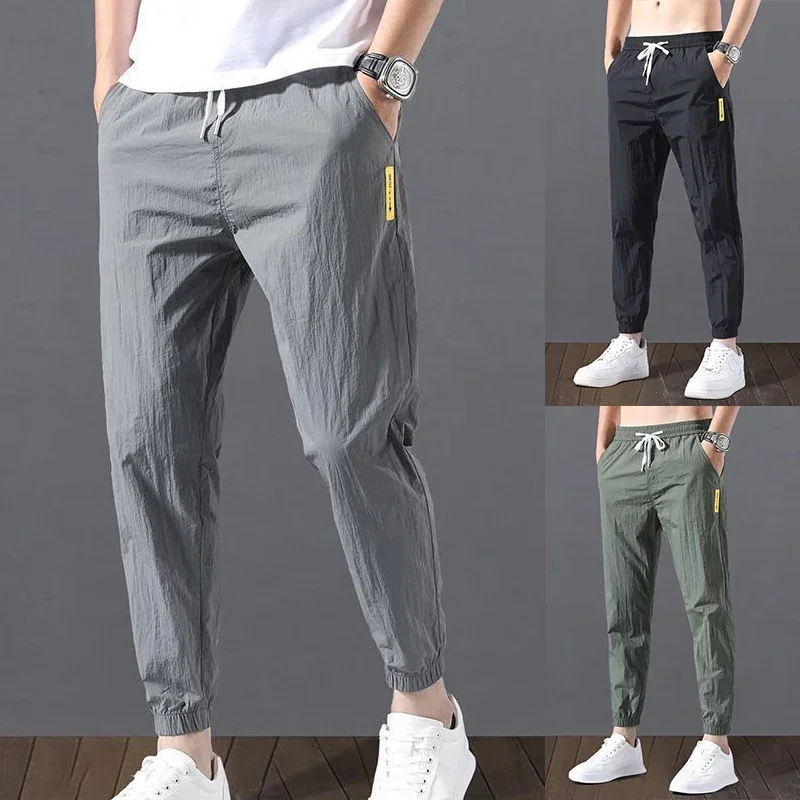 

Men Casual Waist Quick Summer Points Slim Drawstring Men's Nine Elastic Trousers Pants Silk New Trendy Ice Thin Dry Sports