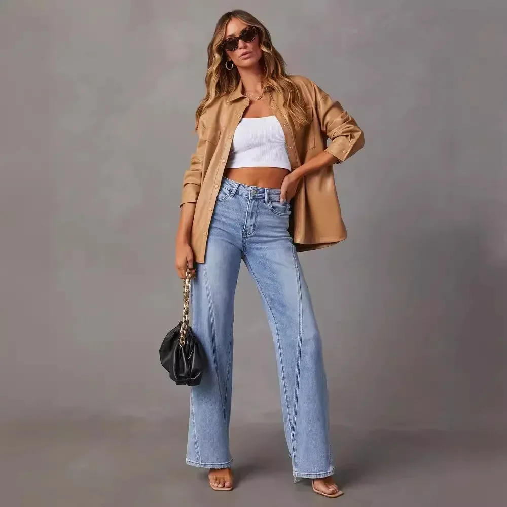 Women Casual Spring Spliced Washed Denim Pants