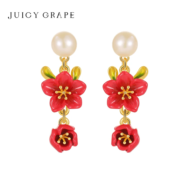 Juicy Grape Design Originale Smalto Orecchini Fiore Begonia Per Le Donne Clip Orecchio Francese Perla Floreale Borchie Gioielli Festa Di Nozze