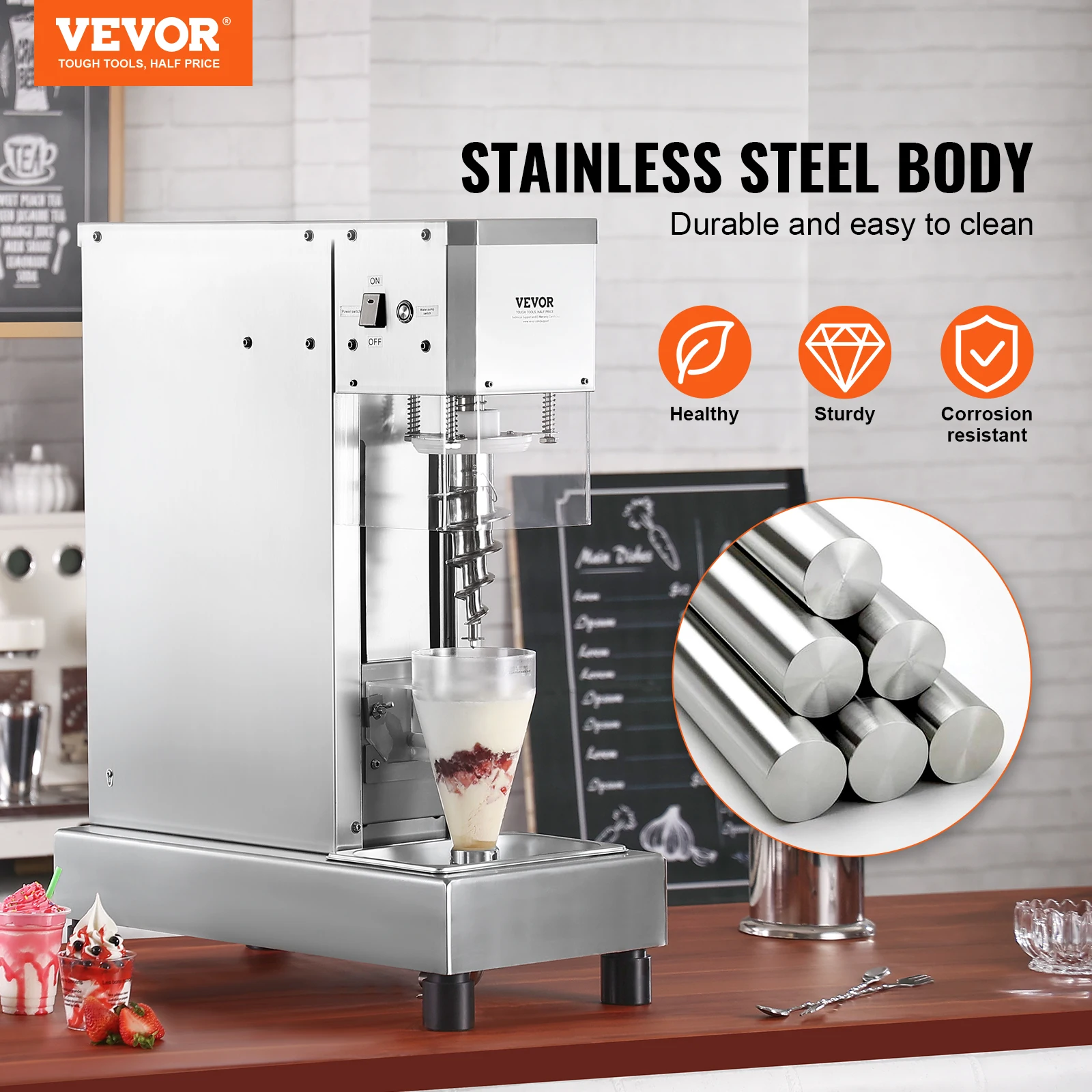 VEVOR Ice Cream Blender 750W High-Speed Ice Cream Maker Mixer Stir Machine 304 Stainless Steel Shaker with Long Handle