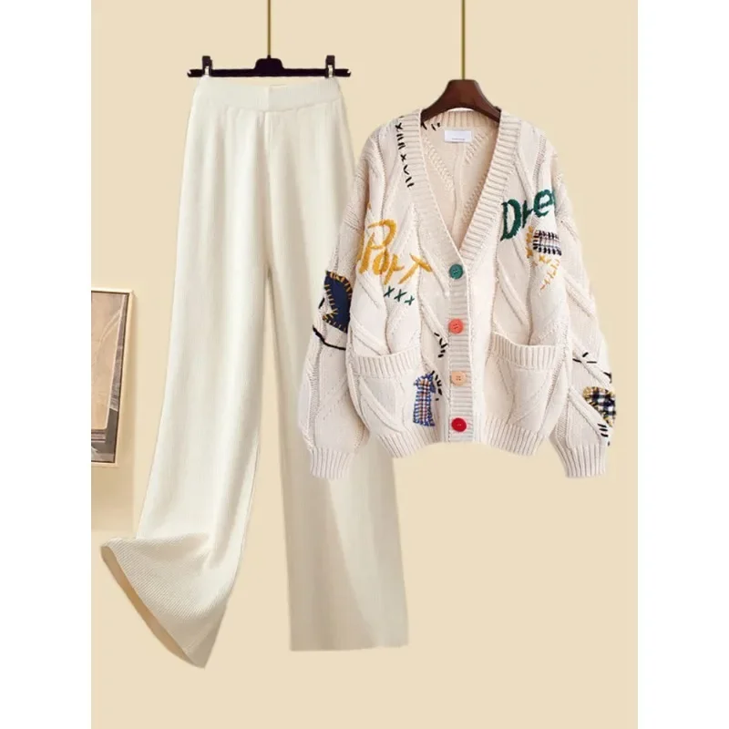 

Fall Winter Warm Knitwears Two Piece Set for Women Outfits Knitted Embroidery Pocket Cardigan + Wide Leg Knitting Pant Set N468