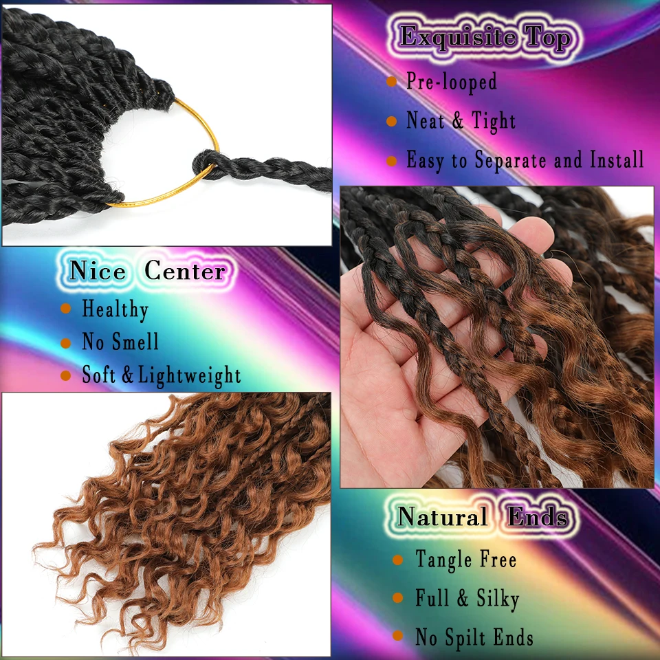Ombre Goddess Box Braids Crochet Hair 14 18 24 Inch Dark Brown Chocolate Ginger Bohemian Crochet Braids with Curly End
