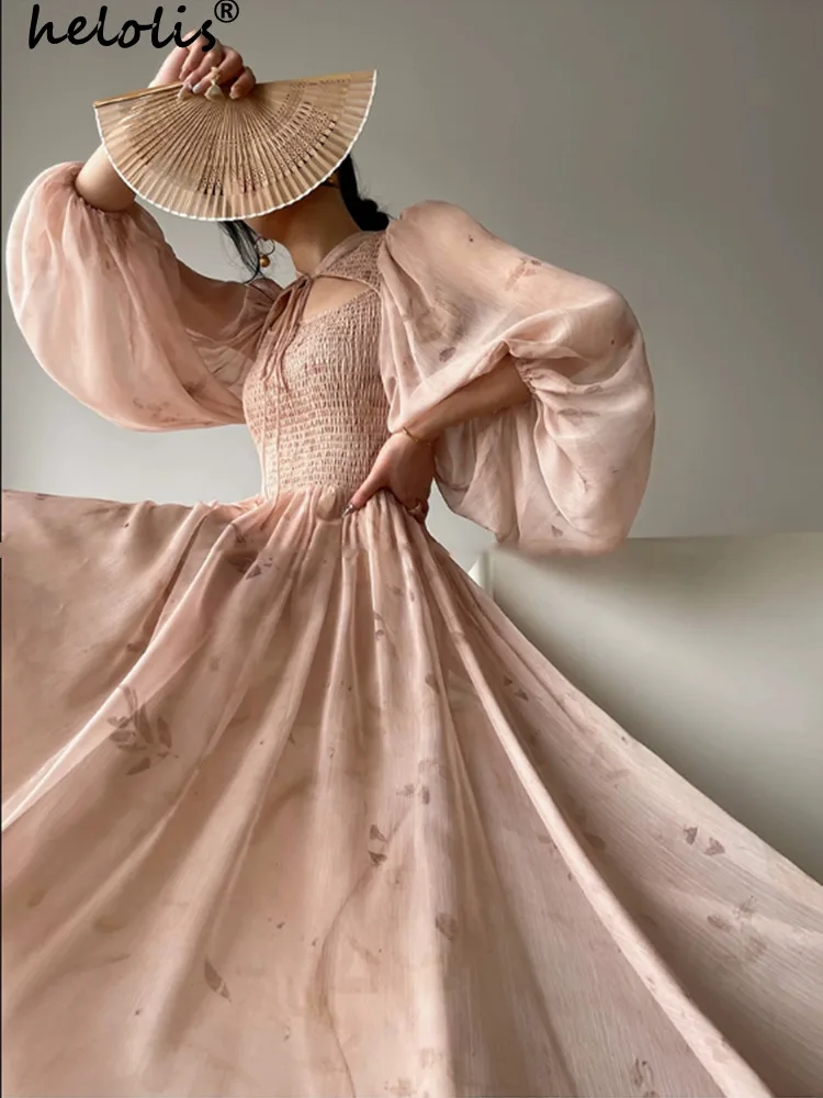 

Helolis French Elegant Hollow Out Print Dress Women Stand Collar Lantern Sleeve Elastic Waist Midi Dresses 2023 New Summer Robe