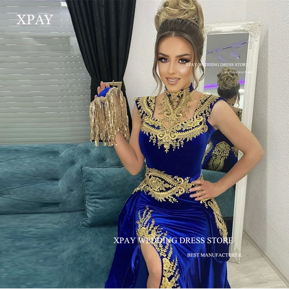 

XPAY Blue Velvet Kaftan Mermaid Prom Dresses With Detachable Train Applique Lace Split Formal Evening Gowns Dubai Arabic Women