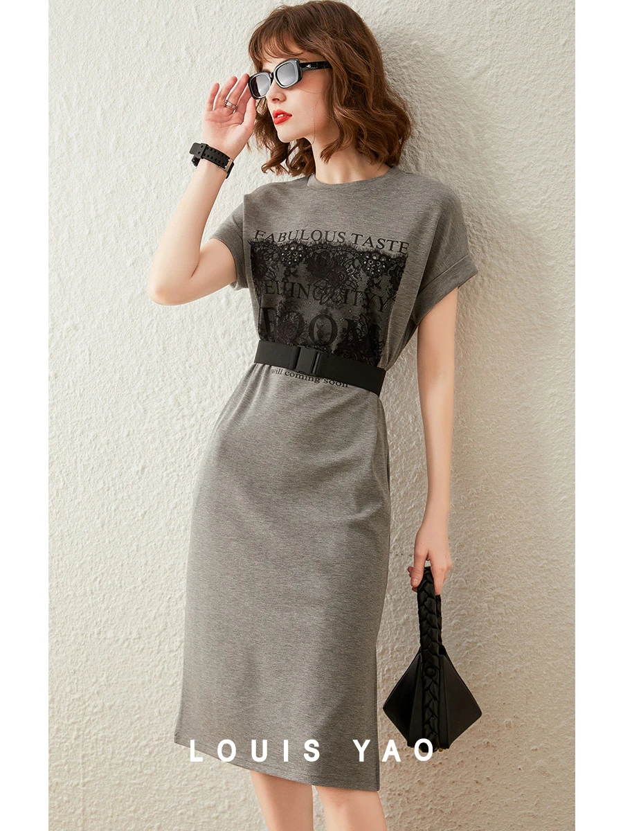 LOUIS YAO Women Dress 2024 Summer Round Neck Short Sleeve Casual Loose Fit with Belt Raglan Sleeve Lace T-shirt Long Dress