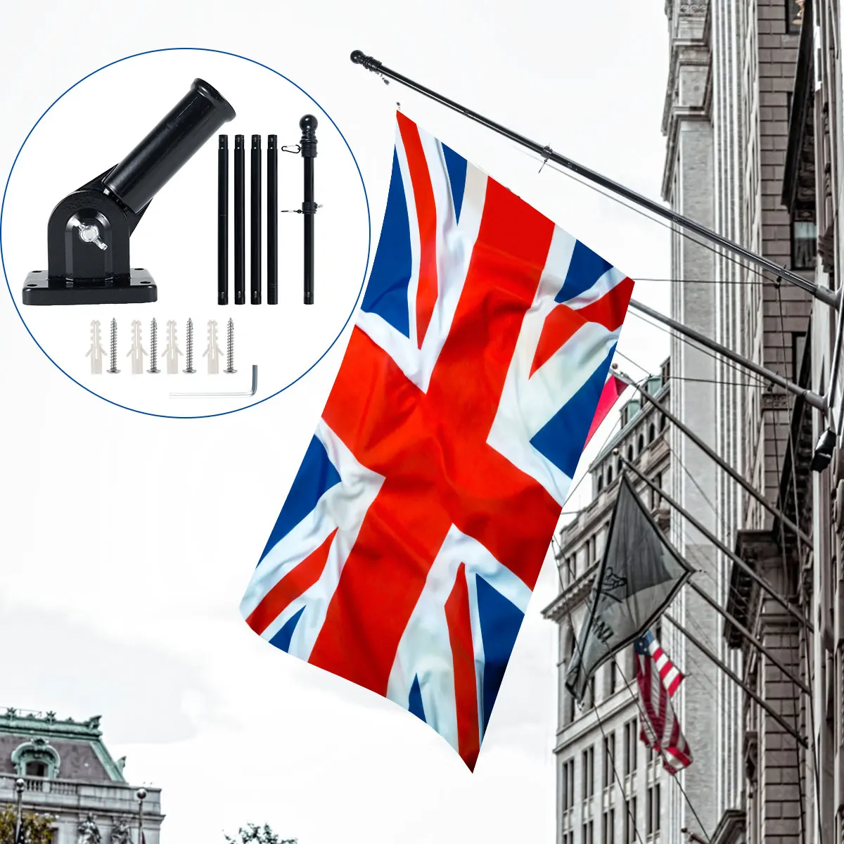 Flag Pole Flagpole Kit Bracket Holder House Rotating Poles Wall Outdoor Garden Mount Base Mounting Stand Rings Set Steel Mounted flag pole attachments