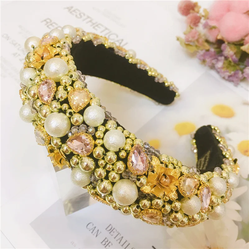 2021 New Fashion Pearl Hair Band Luxury Baroque Rhinestone Headband Set Girls Flower Sweet Headwear Hair Accessories Wholesale 2021 new design full crystal luxury baroque padded headband for women diamond rhinestone hairband wide thick hair hoop girls