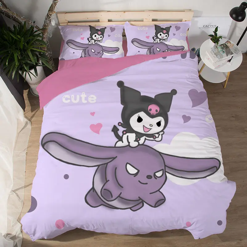 4 PCS Bed Linings Cartoon Kuromi Bedding Set Fitted Sheet Quilt Cover  Pillowcase