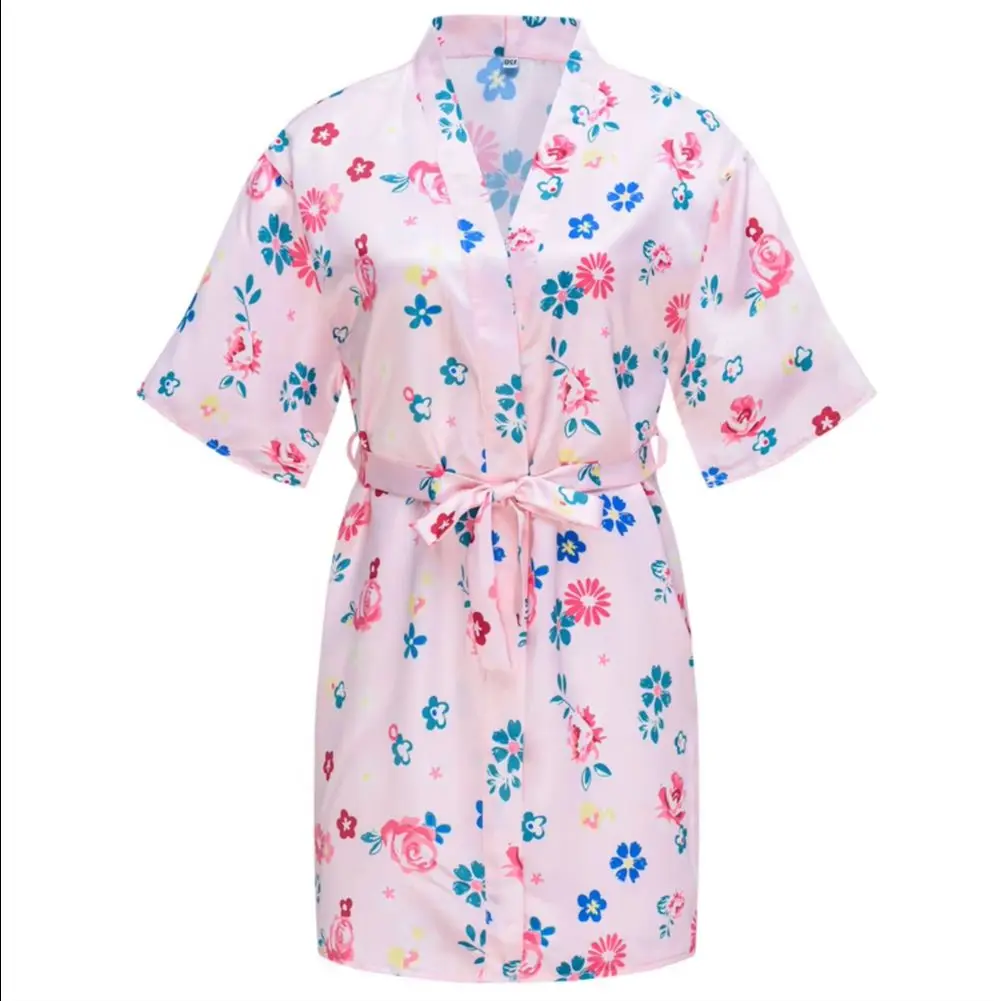 Girls Nightgown with Belt,Satin Silk Kids Bathrobes,Short Sleeve Sleepwear,Children's Kimono,Spa Cape Casual Homewear Pajama