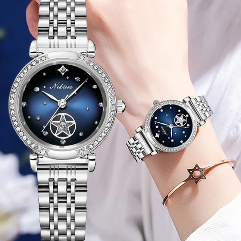 Ladies Luxury Quartz Watch Fashion Star Rhinestone Dial Design Gold Silver Tungsten Steel Strap Woman Elegant Versatile Gift New