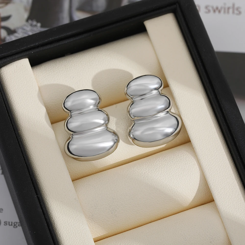 New Chunky Ripple Geometric Ear Studs Stainless Steel Three Layers Dome PVD Waterproof Statement Earrings Vintage Jewelry Bijoux