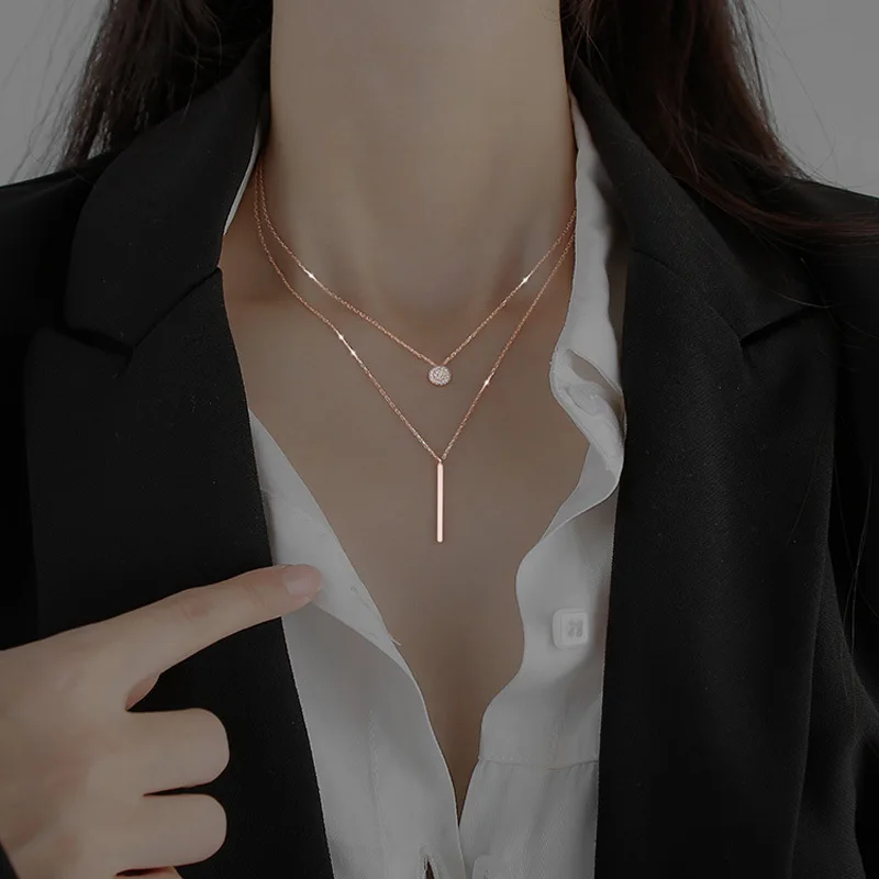 LATS New Shiny Round Plate Necklace Rose Rose Gold Color Exquisite Double Layer Clavicle Chain Necklace Jewelry for Women Gift