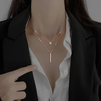 LATS New Shiny Round Plate Necklace Rose Rose Gold Color Exquisite Double Layer Clavicle Chain Necklace Jewelry for Women Gift 1