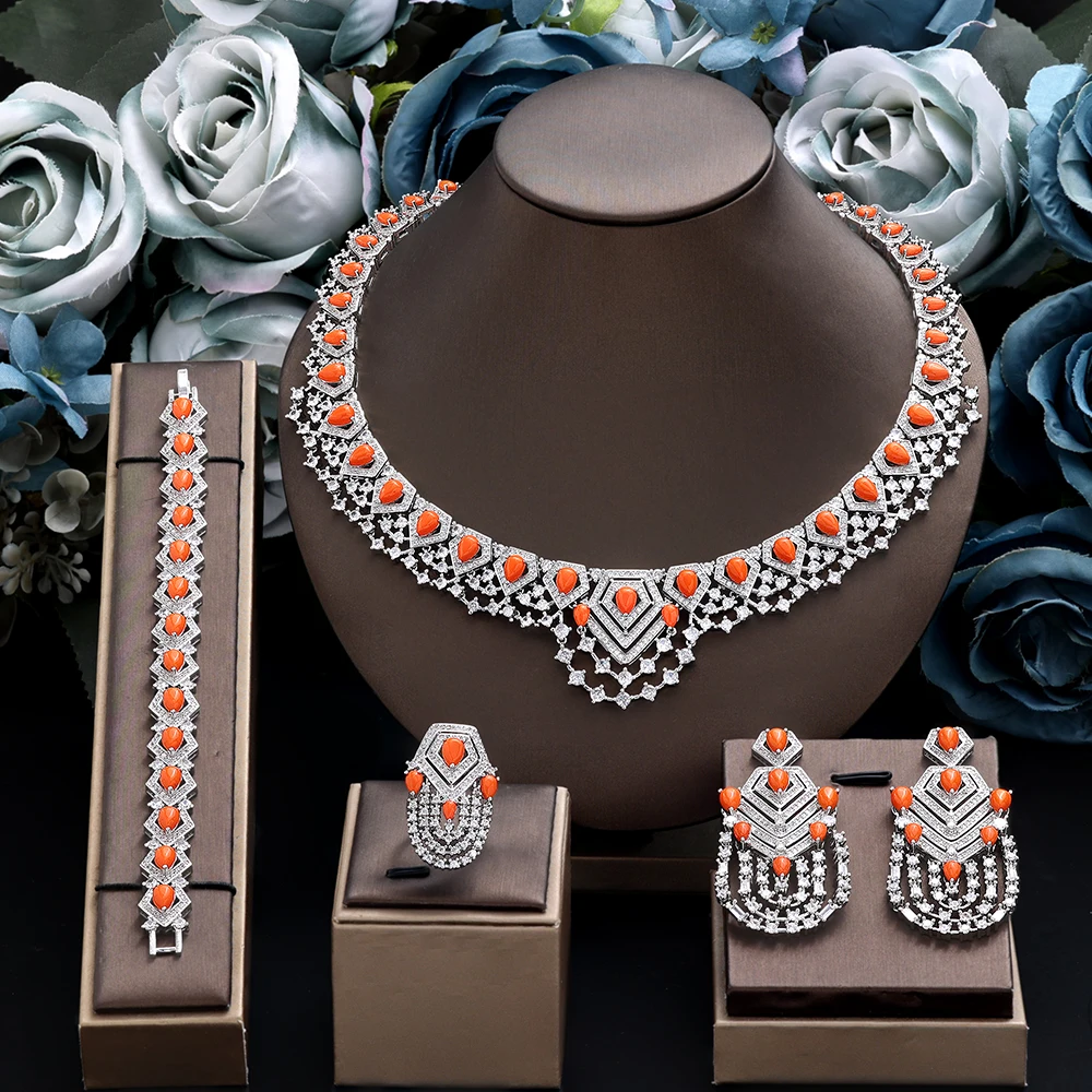 Trendy Luxury 4PCS Zirconia Wedding Jewelry Set for Women Bridal Party Dubai-Inspired