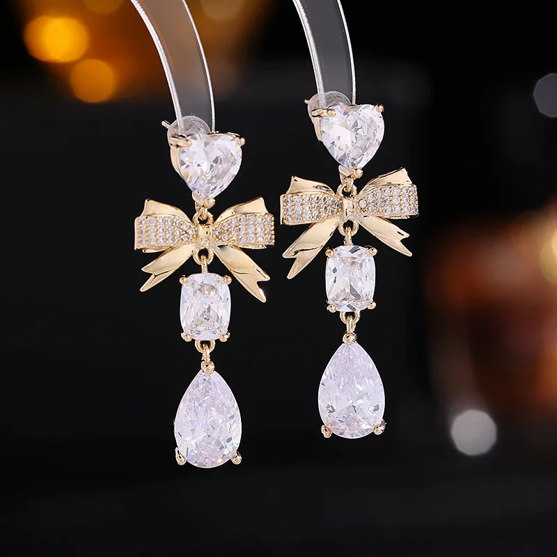 Romantic Sweet Love Heart Water Drop Bowknot Dangle Earrings 925 Silver Needle Korean Fashion Statement Brand Jewelry