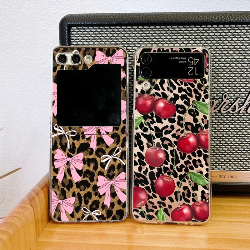 Leopard Print Phone Case with Red Cherry Bow Accents - Stylish Folding Hard Clear Cover