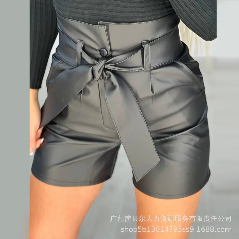 Description Picture 3 of itemWomen Shorts PU Leather High Waist Shorts With Belt Women Black Pockets Sashes Pants Shorts Sexy Street Spring And Summer Button