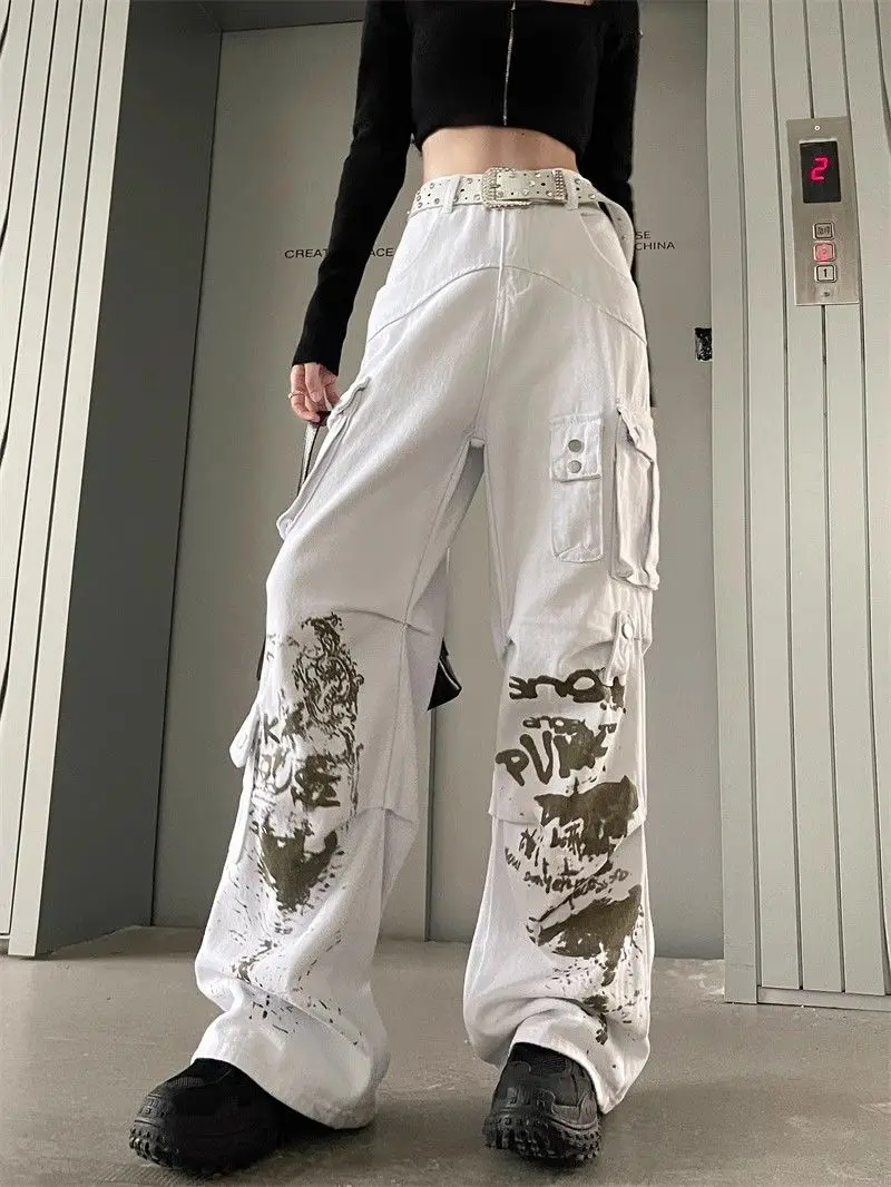 Overalls Multi-Pocket Pleated Women White Print Graphic Baggy Harajuku Oversize Denim Trousers Y2k Jean Pants Vintage Jeans