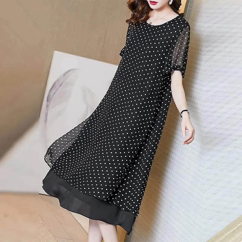 

Summer Short Sleeves Covering Belly High End Chiffon Dress 2024 New Large Size Loose Dot French Style Long Dress Women Vestidos