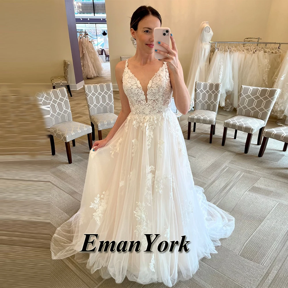 EmanY Modern Backless Wedding Dresses for Woman Bridal Sleeveless V-neck Tulle Appliques Pleat Vestido de Casamento Customized