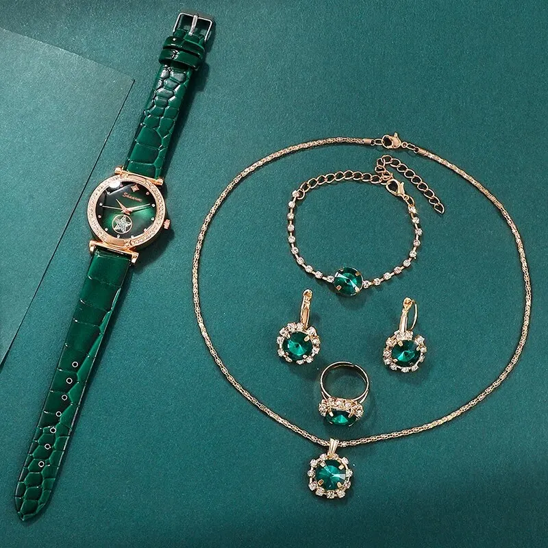 6PCS Set Women Watches Green Luxury Quartz Ring Necklace Earring Rhinestone Fashion Casual Ladies Bracelet