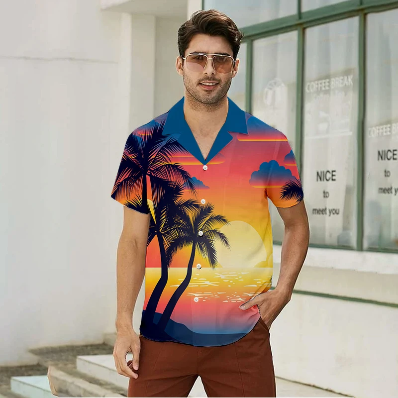 Men Summer Fashion Top Shirt Seaside Leisure Beach Printed Shirt Elegant Button Top Blouse Casual Large T Shirts