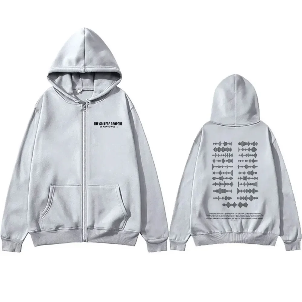Kanye West The College Dropout Music Album Soundwave Tracklist Print Zipper Hoodie Male Hip Hop Hoodies Oversized Zip Up Jacket